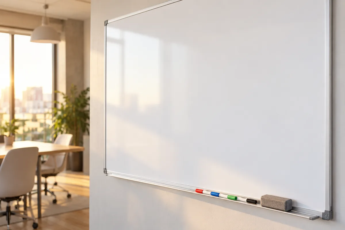 Tableau blanc vierge et marqueurs alignés dans une salle de projet au petit matin