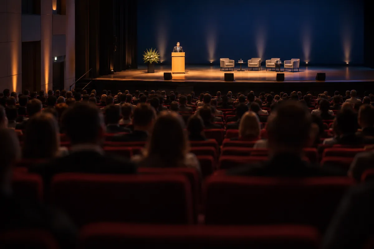 Auditorium de convention vu depuis le fond, participants de dos face à une scène éclairée
