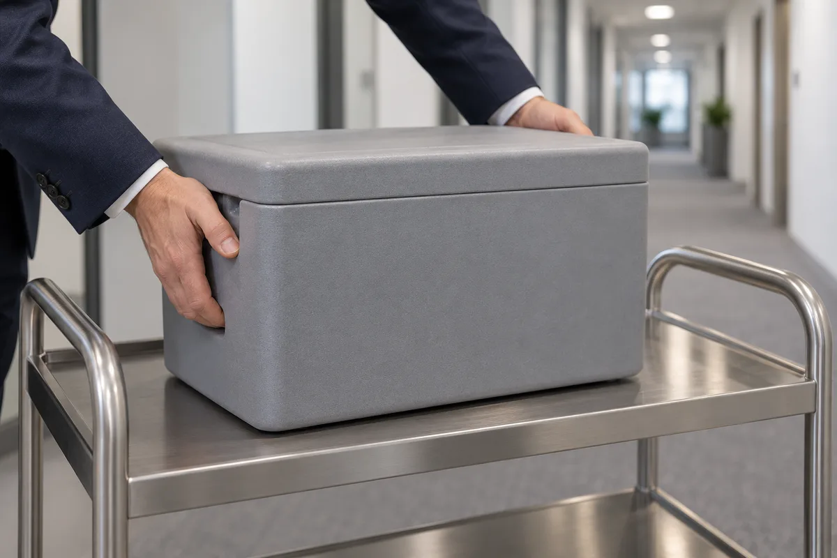 Caisson isotherme gris posé sur un chariot dans un couloir de bureaux
