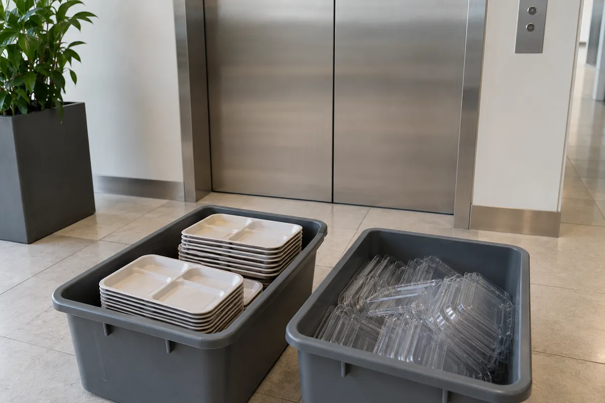 Plateaux vides rangés dans un bac de reprise près d’un ascenseur