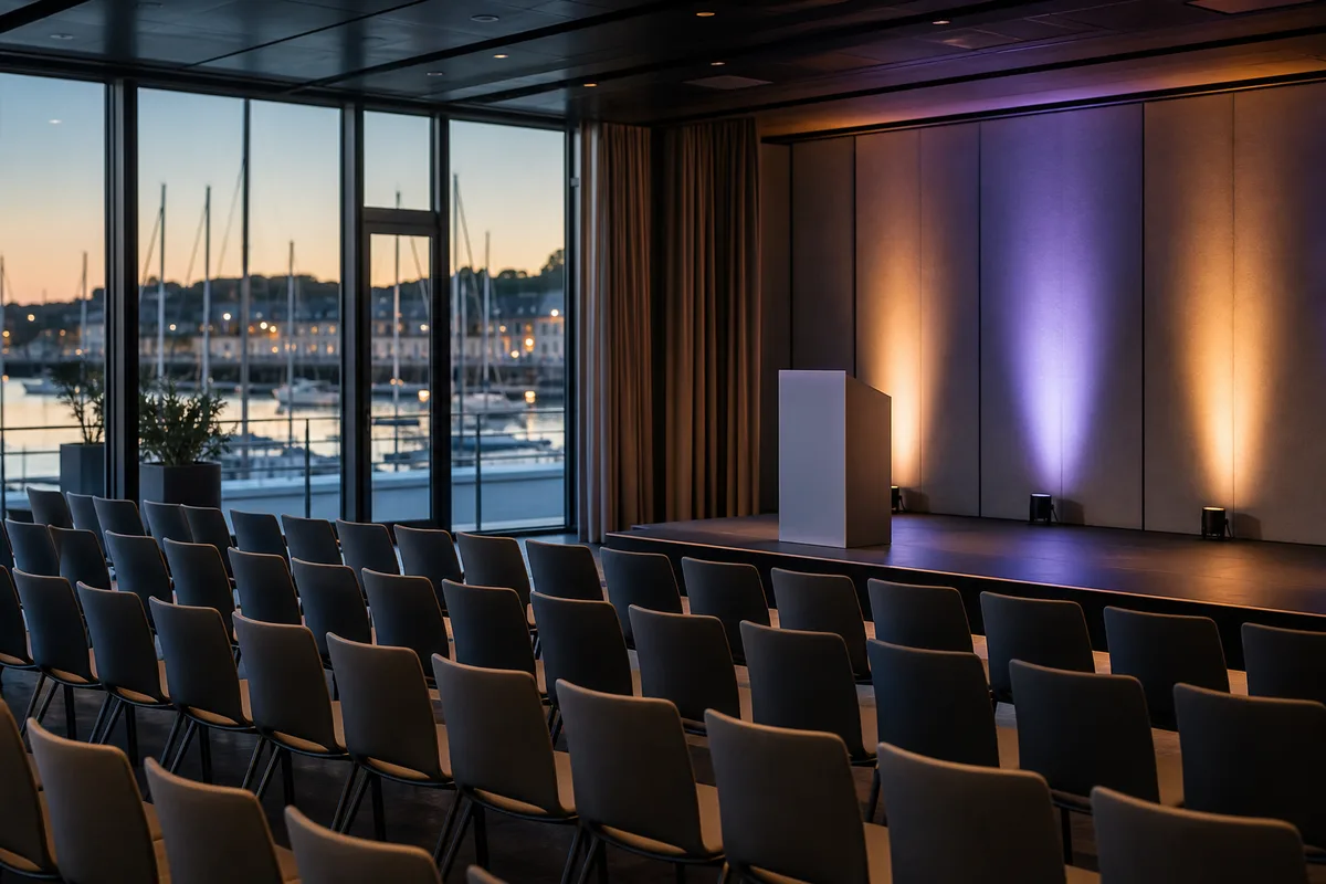 Salle de convention angevine préparée avant l’arrivée des participants, rangées de chaises et scène éclairée