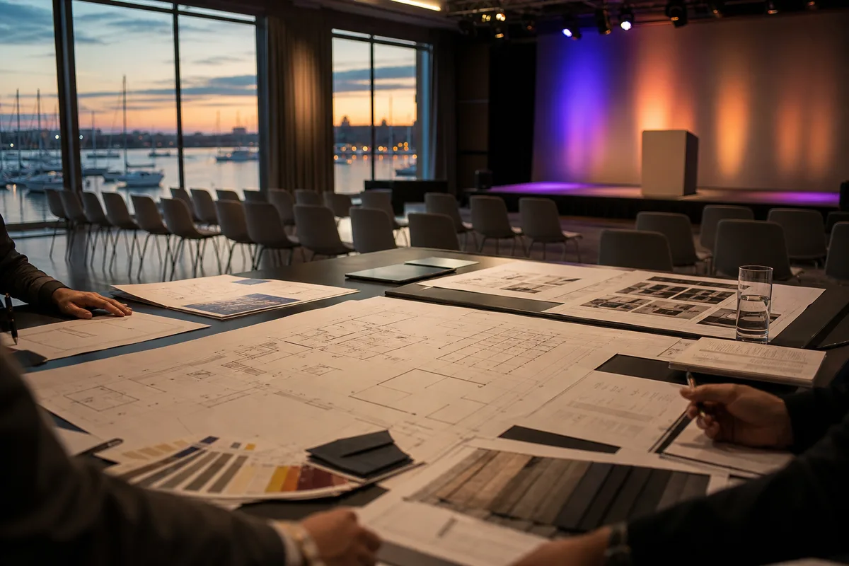Réunion de préparation autour d’un plan de salle et de fiches techniques posés sur une grande table