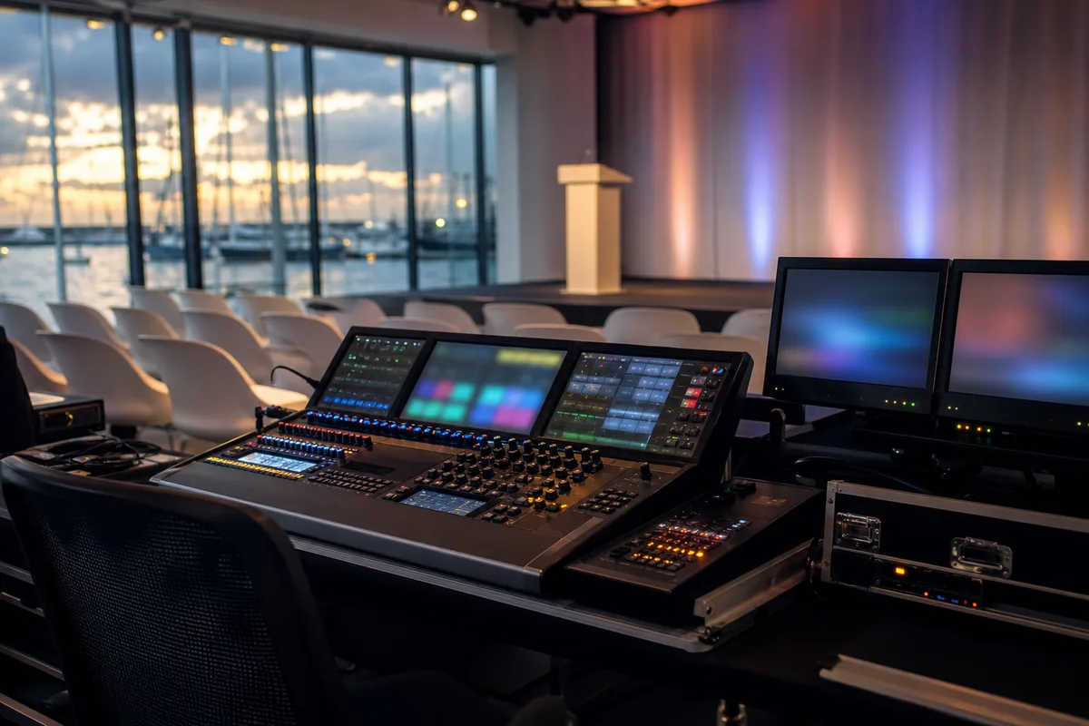 Table de régie technique avec console lumière et retours vidéo pendant un montage
