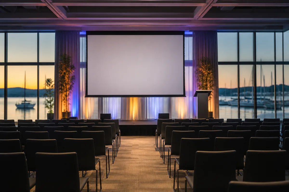 Salle de convention équipée d&rsquo;un décor de scène, écran central et éclairage de plateau