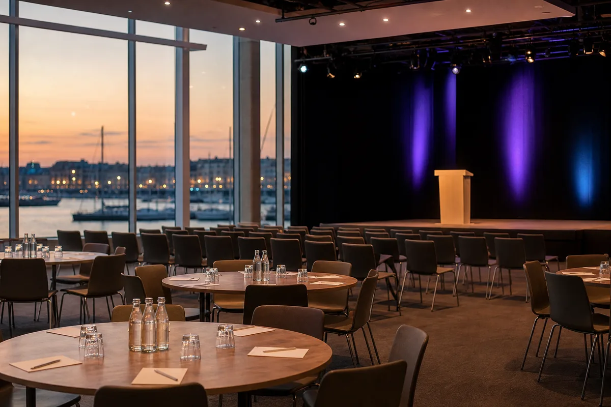 Salle de séminaire au Mans installée en configuration ateliers avec tables rondes